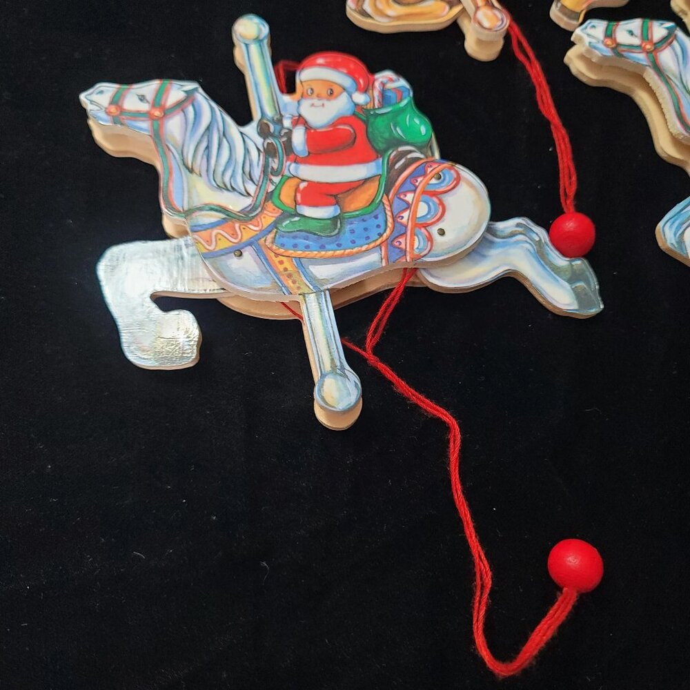Vintage Carousel Horse with Santa, Germany, Wooden Pull String‎ Jumping Toy #1